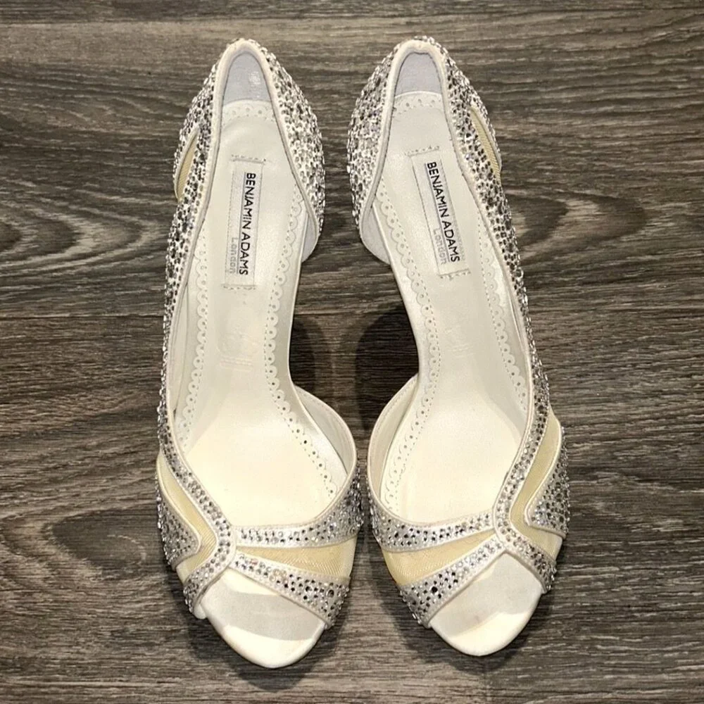 Benjamin Adams Heels 7 37.5 Prom Catherine Sparkle Duchesse Silk Wedding Peeptoe